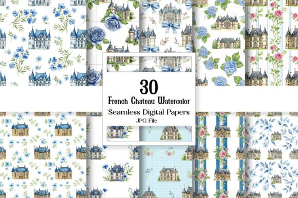 Download French Chateau Watercolor Digital Paper - Digital Collection