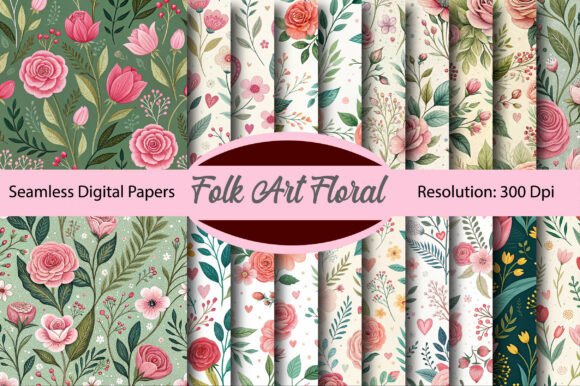Download Folk Art Floral Valentine Digital Paper - Digital Collection