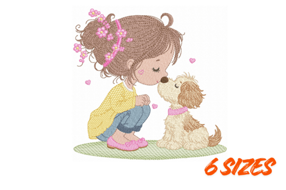 Download Sweet Girl &amp; Puppy Embroidery Art - Premium Bundle
