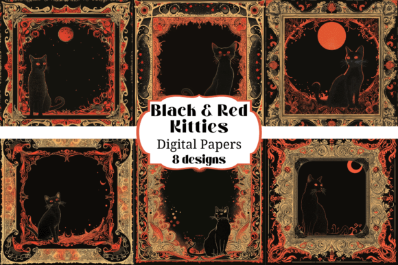 Download 8 Black &amp; Red Kitty Cat Digital Papers - Digital Collection