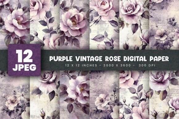 Download 12 Purple Vintage Rose Digital Papers - Digital Collection