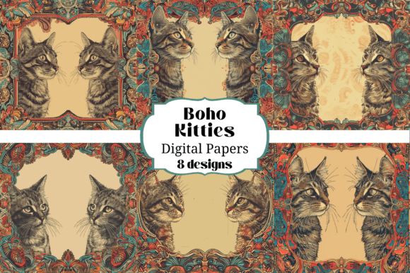 Download 8 Boho Kitty Cat Digital Papers - Digital Collection